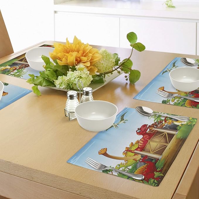 Ambesonne Dino Place Mats Set of 4, Cartoon Style Dinosaurs in a Dino Park Jungle Trees Wildlife Habitat Illustration, Washable Fabric Placemats for Dining Table, Standard Size, Rust Blue