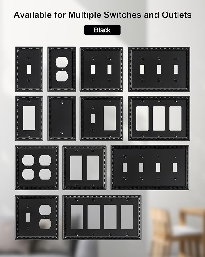 6-Pack Duplex Outlet Cover, Black Metal Wall Plates for Electrical Outlets, 1 Gang Receptacle Light Switch Cover, Pearls Beaded Decorative Switch Plates and Outlet Covers