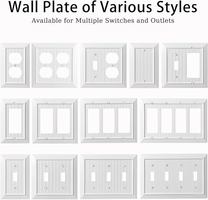 Beadboard Outlet Covers Wall Plates, Bamboo Fiber Light Switch Covers, Natural Material Electric Receptacle Decorative Switch Plate Outlet Cover (Pure White, 1 Gang Toggle 4 Pack)