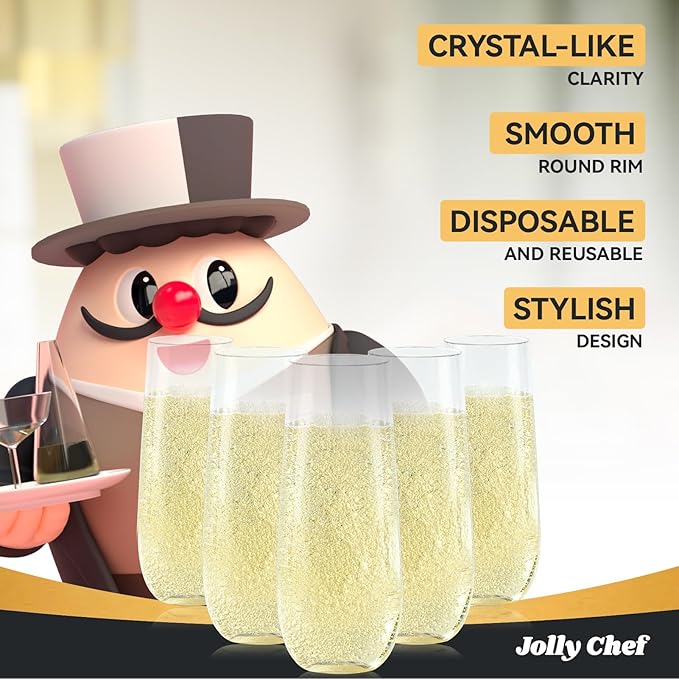 JOLLY CHEF 24 Pack Stemless Plastic Champagne Flutes 9 oz, Crystal Clear Stemless Plastic Toasting Glasses, Clear Disposable Unbreakable Drinkware Ideal for Wedding, Birthday, Party, Christmas
