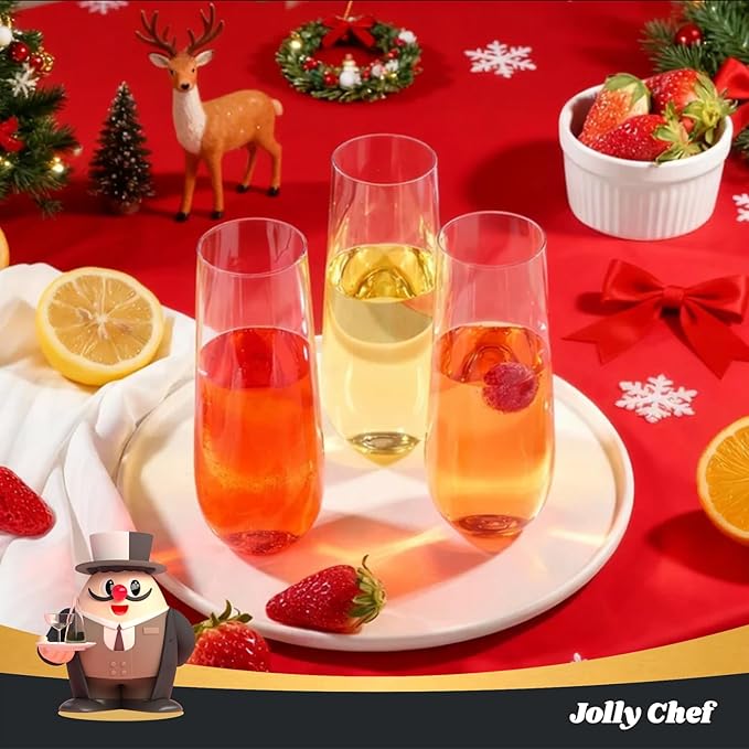JOLLY CHEF 24 Pack Stemless Plastic Champagne Flutes 9 oz, Crystal Clear Stemless Plastic Toasting Glasses, Clear Disposable Unbreakable Drinkware Ideal for Wedding, Birthday, Party, Christmas
