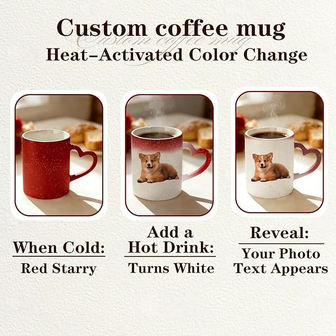 Custom Color Changing Mug,Personalized Photo Logo Text Print,Hidden Image Shows with Hot Drinks,Heart Shaped Handle Ceramic Coffee Cup,Home Office,for Valentine's Day (Red Starry)