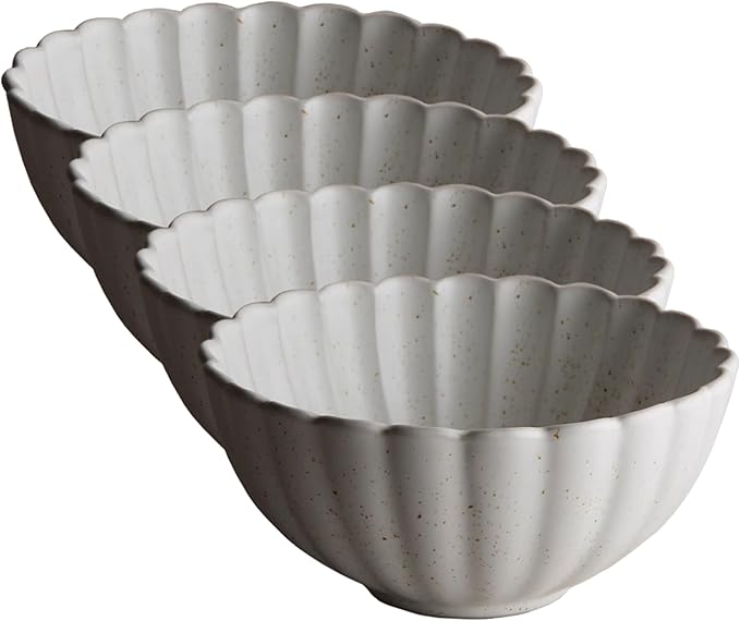 Goodies White Classic Flower Bowls (Set of 4), Handmade Ceramic, Glazed, Dishwasher Safe, Microwave Safe, Petal Shaped Design, Durable, Stackable, Elegant Dinnerware, 6 Inch, 16 oz