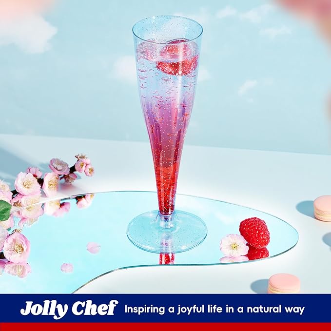 JOLLY CHEF 100 Pack Plastic Champagne Flutes Disposable 4.5 oz Blue Glitter Plastic Champagne Glasses Suitable for Wedding, Thanksgiving Day, Christmas