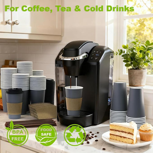 100 Pack 16 oz Disposable Coffee Cups with Lids and Sleeves, To Go Coffee Cups with Lids, Leak-Proof Hot Coffee Cups, PLA Gray Paper Coffee Cups for Hot Beverage