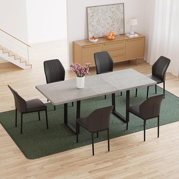 ZckyCine 63"-79" Modern Dining Table Set for 6 Kitchen Dining Room Table Set Extendable Wood Dining Table and 6 Upholstered Chairs, Home Kitchen Furniture