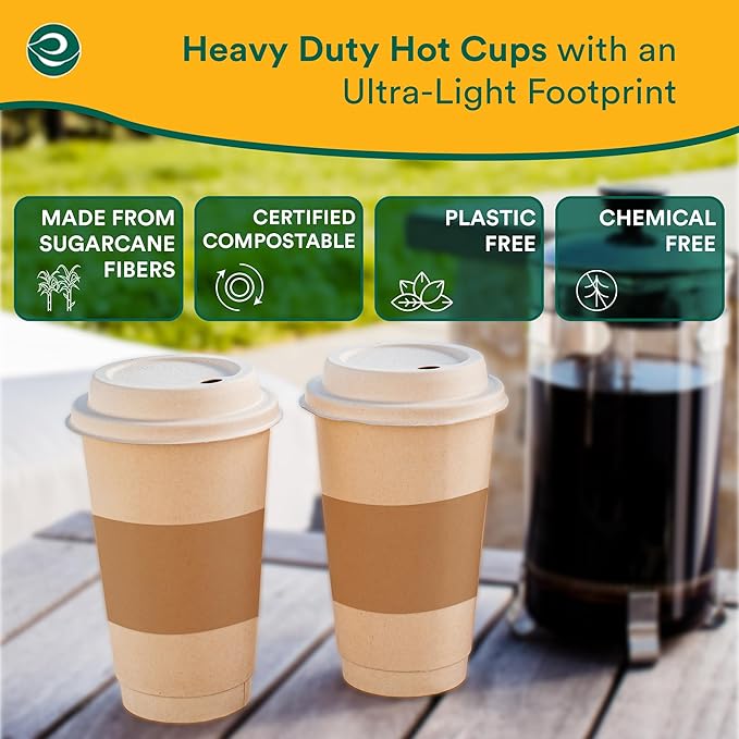 ECO SOUL 100 Pack 12 oz Disposable Coffee Cups with Lids & Sleeves Eco-Friendly, Biodegradable, Compostable, Leak-free & Sturdy To Go Hot Drink Cup for Tea, Chocolate Party Travel Cafe Office & Home