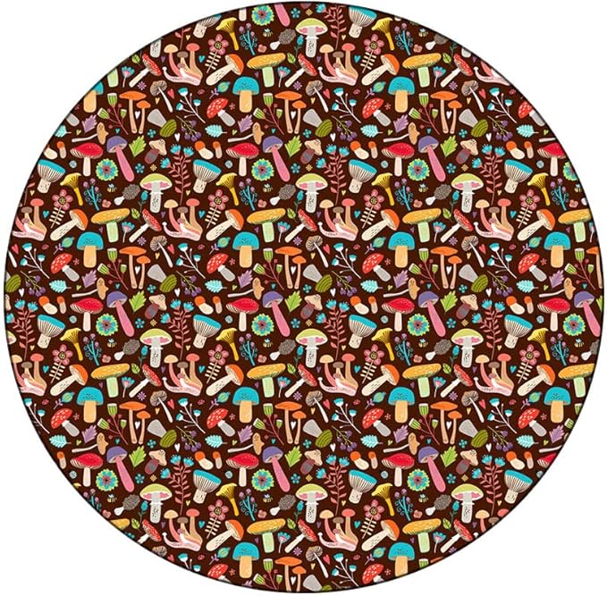 Round Vinyl Fitted Tablecloth, Mushrooms Print Polyester Table Cloth, Attractive Various Cartoon Leaves and Mushrooms Graphic, Fit Round Tables 23inch Diameter, for Wedding Party Dining Banquet Use
