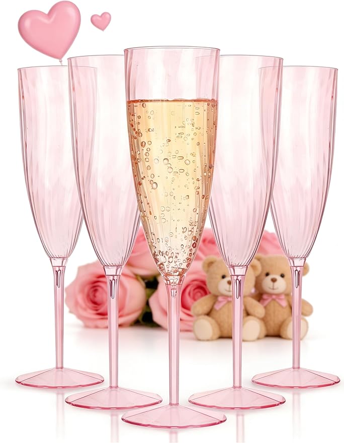 WDF 36PCS Pink Champagne Flutes Plastic - 6OZ Pink Disposable Champagne Flutes Party Supplies for Wedding Birthday Parties Valentine's Day Galentine's Day