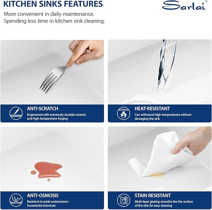 Sarlai 33 White Farmhouse Kitchen Sink - 33x20 Inch Farm Kitchen Sink Ledge Workstation White Ceramic Porcelain Fireclay Farmer Sinks 10" Inch Deep Single Bowl Basin with Assesory Kit