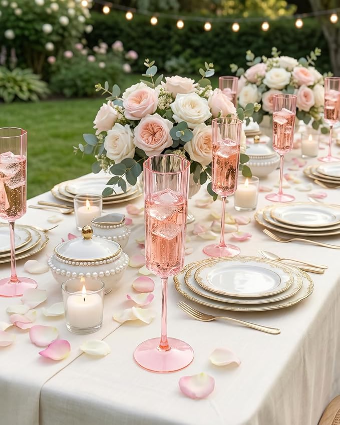 Ciaell 24 Pack Pink Plastic Champagne Flutes - 6 Oz Flower Wavy Champagne Glasses - Heavy Duty Vintage Disposable Glassware for Party & Anniversary & Wedding & Valentine's Day