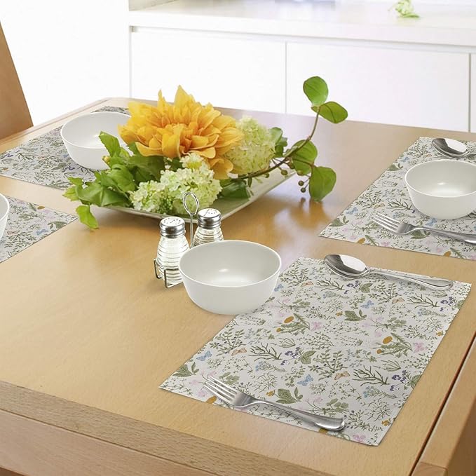 Ambesonne Floral Place Mats Set of 4, Vintage Garden Plants Herbs Flowers Botanical Classic Design Art, Washable Fabric Placemats for Dining Table, Standard Size, Reseda Green Beige