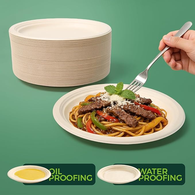 100% Compostable Plates - 125-Count Heavy Duty, Biodegradable Bagasse Plates - Eco Friendly and Sustainable (Natural, 7 inch)