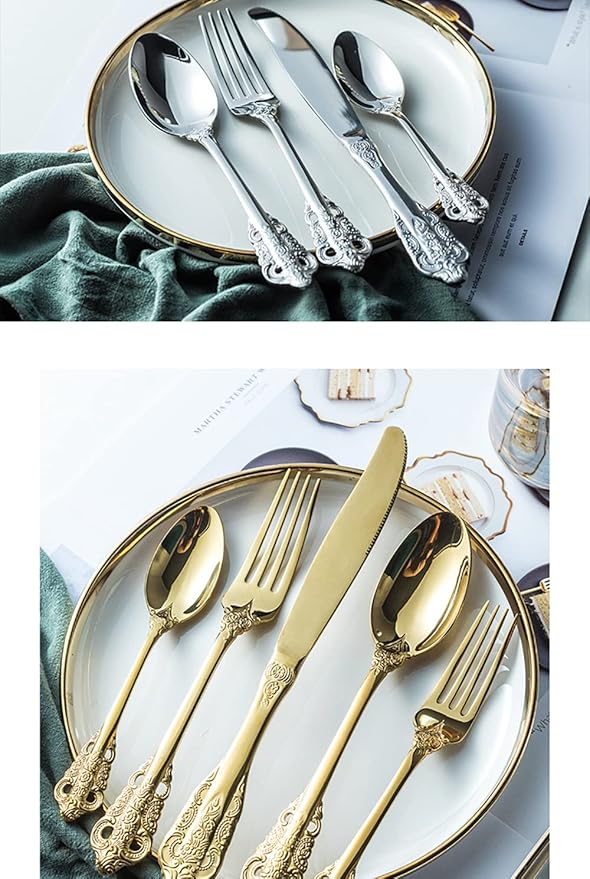 Silverware Set for 6 Premium 18/10 Stainless Steel Flatware Set Palace Style 30 Piece Cutlery Tableware Utensils Embossed Decorative Handle Knives Forks and Spoons for Home Christmas Wedding
