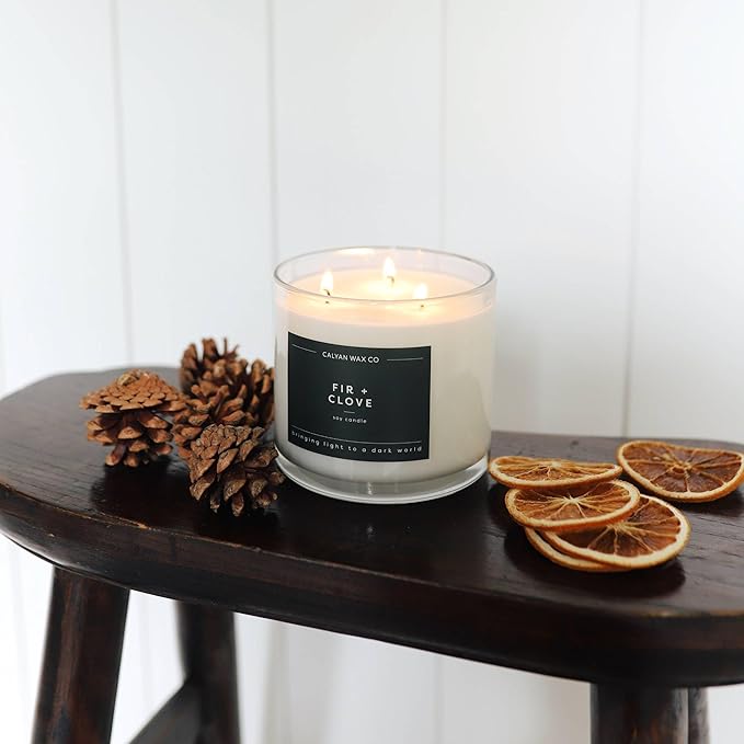 Calyan Wax Co. Fir & Clove 3 Wick Scented Candle - 43 Hour Burn - Luxury 3 Wick Soy Candles - Non Toxic Soy Wax Candles - Long Lasting Large Glass Jar Candle for Home - 14.9oz