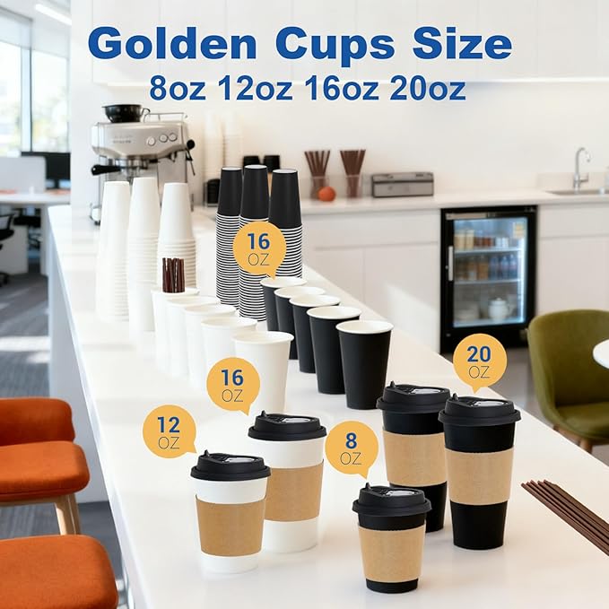 20 oz 50 Pack Coffee Cups with Lids and Sleeves, Straws, Hot Disposable To Go Travel Paper Cups Bulk for Office, Home Coffee Bar Accessories, Chocolate, Cocoa, Beverage (Black)