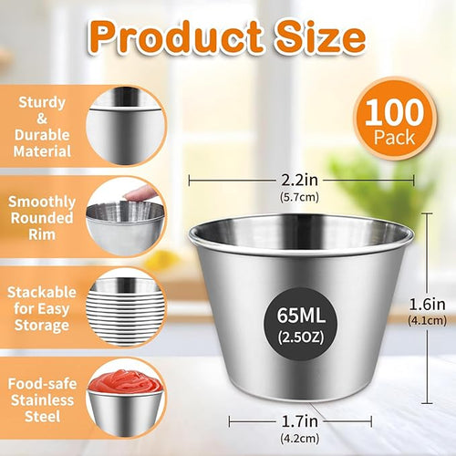 100 Pcs 2.5oz Metal Ramekins Stainless Steel Reusable Sauce Dipping Bowls Bulk Small Sauce Container Round Condiment Cups for Dish Butter Ketchup Kitchen Restaurant Serving BBQ Party Dinner