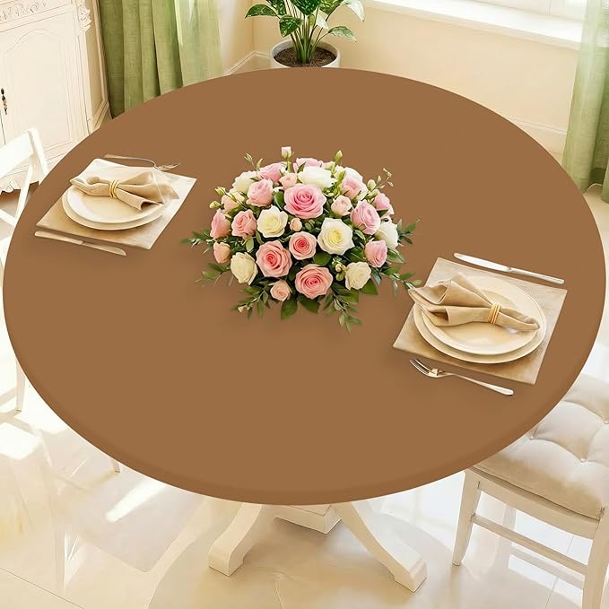 Round Spandex Tablecloth, Elastic Fitted Waterproof Tablecloths for 36"-44" Tables, Stretch Washable Picnic Table Cover for Camping, Dining, Indoor and Outdoor,Brown
