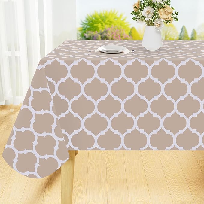 Smiry Rectangle Table Cloth, Waterproof Vinyl Tablecloths with Flannel Backing for Rectangle Tables, Wipeable Spillproof Plastic Tablecloth for Dining, Camping, Indoor and Outdoor (60"x84", Khaki)