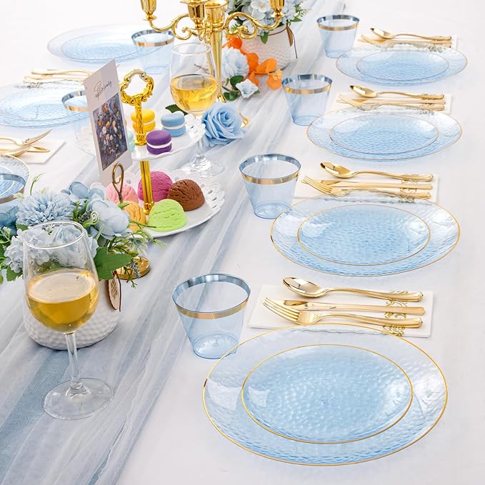 Rubtlamp 175 Pcs Plastic Dinnerware Set (25 Guests), Blue Disposable Plates With Gold Rim, Hammered Party Plates Set Include Dinner Platos, Dessert Platos, Cups, Cutlery And Napkins for Party
