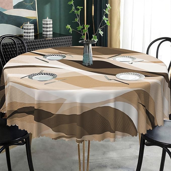 Laeacco 36 Inch Brown Modern Round Tablecloth Striped Geometric Abstract Art Print Table Cloth Washable Waterproof Wrinkle Free Table Cover for Kitchen Dining Picnic Party Decoration