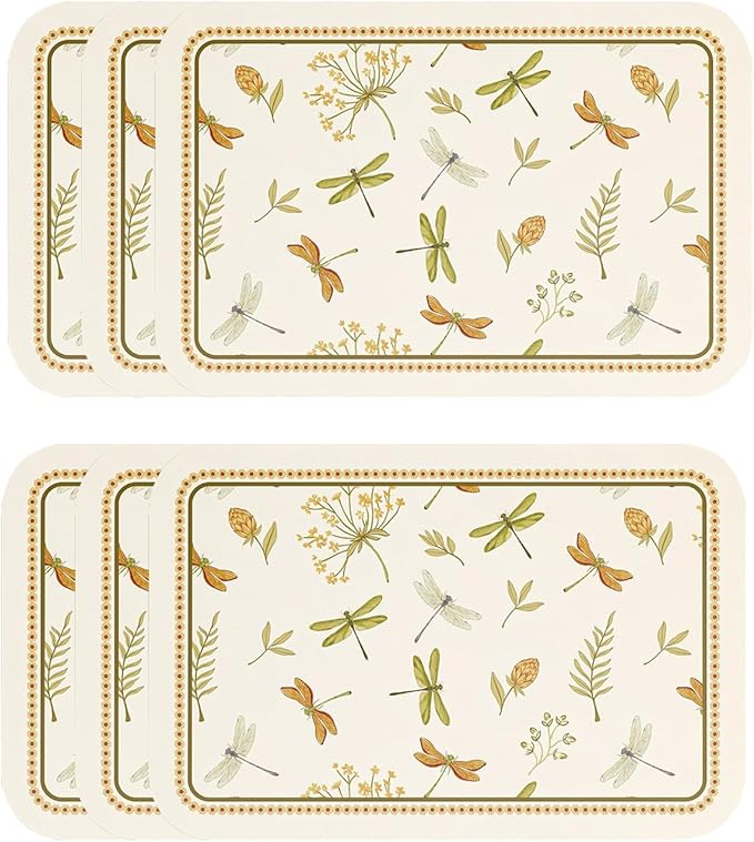 ISAENNE Dragonfly Print PVC Placemats Set of 6,Rectangular Green Placemat, Waterproof and Heat-Resistant Floral Pattern,Decoration for Kitchen,Dinning,Parties, Holiday,12"*17"