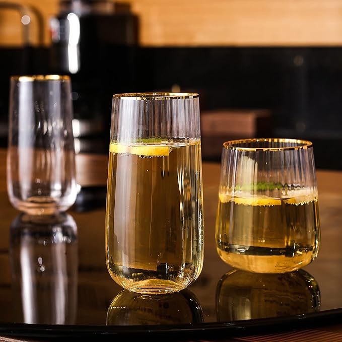 Lysenn Stemless Wine Glasses Set of 4 - Premium Hand Blown Drinking Glasses for Bubbly Wine & Champagne - Elegant Vertical Stripe and Gold Rim Champagne Flutes – Clear 17oz