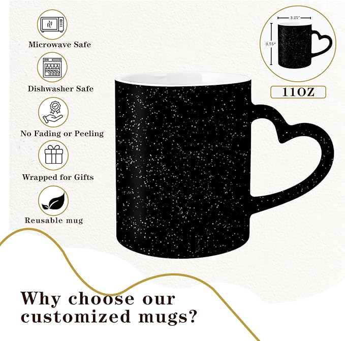 Custom Color Changing Mug,Personalized Photo Logo Text Print,Hidden Image Shows with Hot Drinks,Heart Shaped Handle Ceramic Coffee Cup,Home Office,for Valentine's Day (Black Starry)