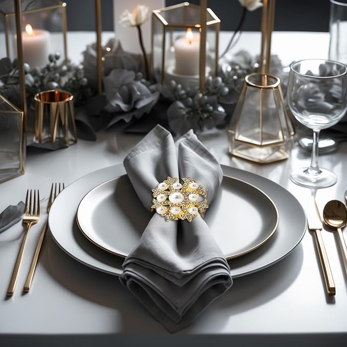 Decozen Set of 8 Gold Napkin Rings with Pearl Design, Festive, Table Decor Setting for Holiday, Wedding, Birthday, Kitchen, Home Decor, Housewarming Gift - Thanksgiving & Christmas Gift Decoration