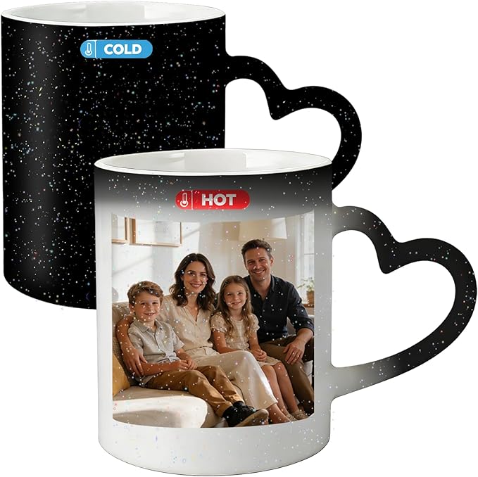 Custom Color Changing Mug,Personalized Photo Logo Text Print,Hidden Image Shows with Hot Drinks,Heart Shaped Handle Ceramic Coffee Cup,Home Office,for Valentine's Day (Black Starry)