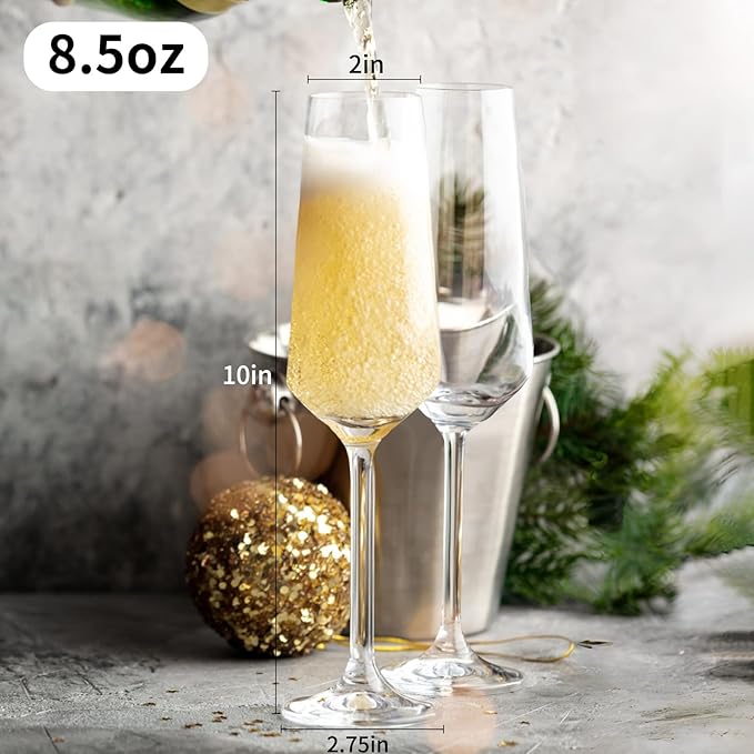 Champagne Glasses 8.5 OZ, Champagne Flutes set of 2, Unique Champagne Gift for Birthday, Wedding, Anniversary, Ideal for Home Bar, Parties etc