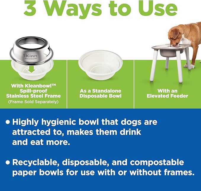 Kinn Kleanbowl Pet Bowl Stainless Steel Frame with Compostable Refills, 16 oz (Pack of 1) – Spill-Proof Stable Disposable Dog Bowls for Easy Cleaning and Healthy Pets, No Plastic