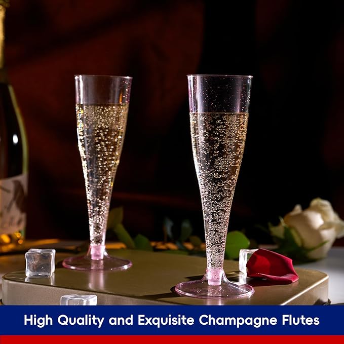 JOLLY CHEF 100 Pack Plastic Champagne Flutes Disposable 4.5 oz Purple Glitter Plastic Champagne Glasses Suitable for Wedding, Thanksgiving Day, Christmas