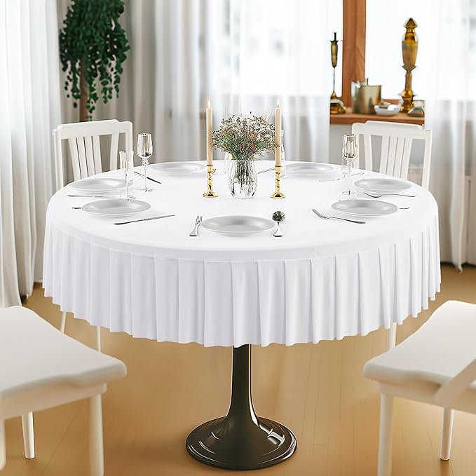 6 Pack White Spandex Round Tablecloths for 60 inch Tables, Stretchy Fitted 5FT Round Table Cloths,Wrinkle Free Table Cover with Skirt for Wedding Party Dining Banquet Baby Shower