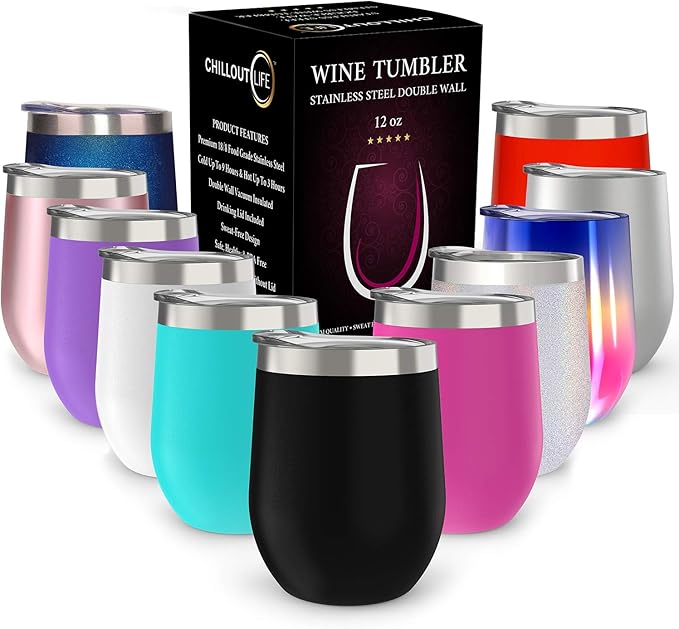 CHILLOUT LIFE 12 oz Stainless Steel Wine Tumbler with Lid - Double Wall Vacuum Insulated Wine Cup Glass Keeping Cold & Hot for Coffee, Champagne, Cocktails, Ice Cream - Powder Coated Black