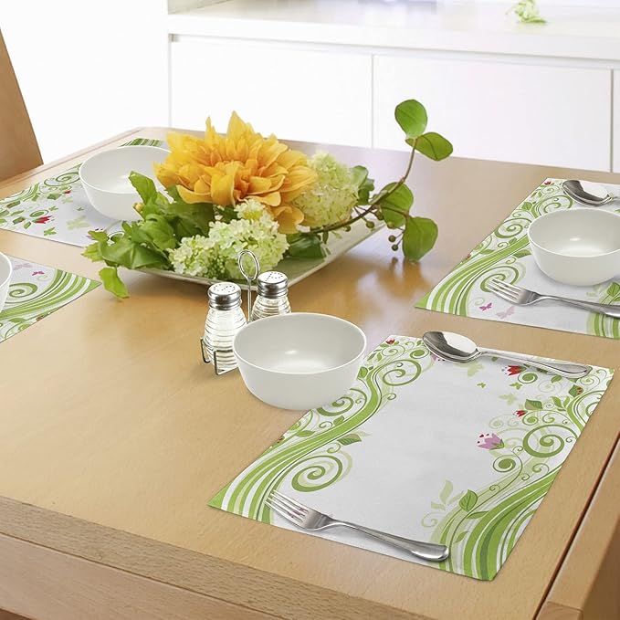Ambesonne Green Flower Place Mats Set of 4, Blossoming Abstract Elements Swirls Springtime Foliage Illustration, Washable Fabric Placemats for Dining Room Kitchen Table Decor, Lime Green Pink Red