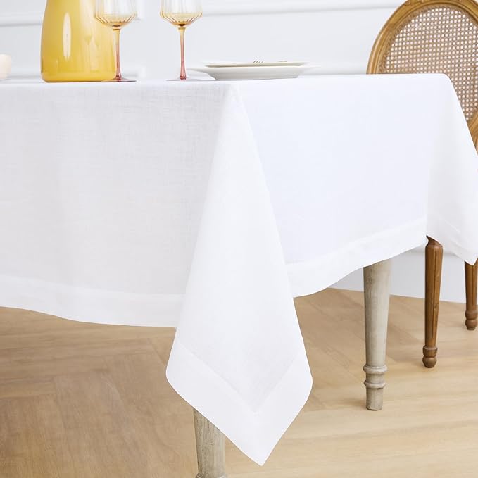 Solino Home White Linen Tablecloth 60 x 156 Inch - 100% Pure Linen Table Cloth for Rectangle Tables - Fete, Machine Washable Tablecloth for Valentines, Spring, Easter