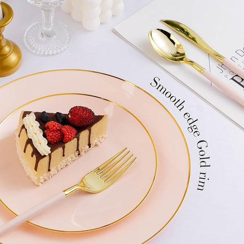 100 PCS Pink Gold Plastic Plates, 10 inch Pink Disposable Plates for Party, Plastic Dinner Plates for Party, Graduation, Wedding