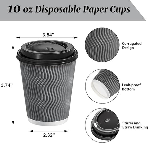 100 Pack 10 oz Disposable Coffee Cups with Lids, Insulated Ripple Wall To-Go Paper Coffee Cups Suitable for Chocolate Cocoa and Hot/Cold Drinks (Grey)