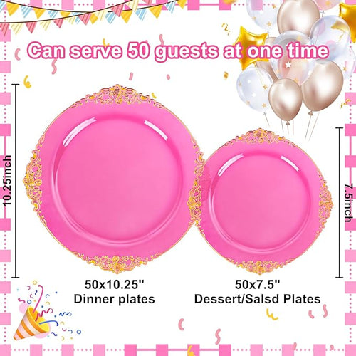 102PCS Clear Hot Pink Plastic Plates - Pink Disposable Plate with Gold Rim - Hot Pink Party Plates Include 51PCS 7.5inch Dessert & 10.25inch Dinner Plate for Wedding Birthday Valentine's Day