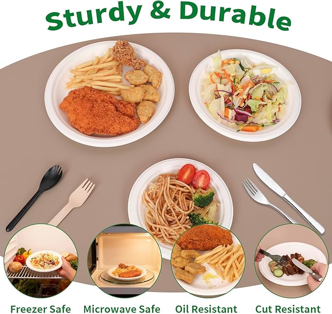 Aricsen 50 Pack 10 Inch Compostable Disposable Round Paper Plates, Natural White Biodegradable Sugarcane Bagasse PFAS-Free Eco-Friendly Dinner Plates for Party Wedding Picnic BBQ (50, 10 INCH)