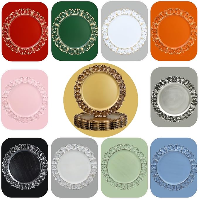 Black Charger Plates Set of 6, Decorative Table Plastic Chargers for Dinner Plates, Party, Wedding, Thanksgiving, Christmas, 11B