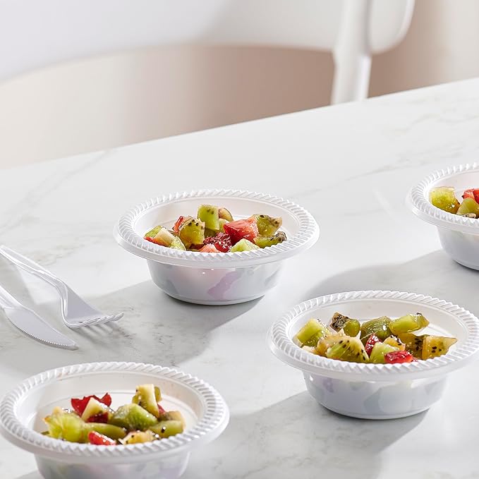 PLASTICPRO 100 PCS White Plastic Bowls 5 oz Premium Quality Light Weight Dishes Disposable Small Plastic Bowls for Dessert Appetizers Soups for Parties Weddings
