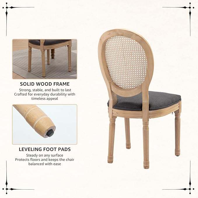 Vintage French Rattan Dining Chairs Set of 4, Solid Wood Frame with Round Rattan Back and Linen Upholstered Seat, Farmhouse Accent Sillas de Comedor Side Chairs for Dining Room & Kitchen, Gray