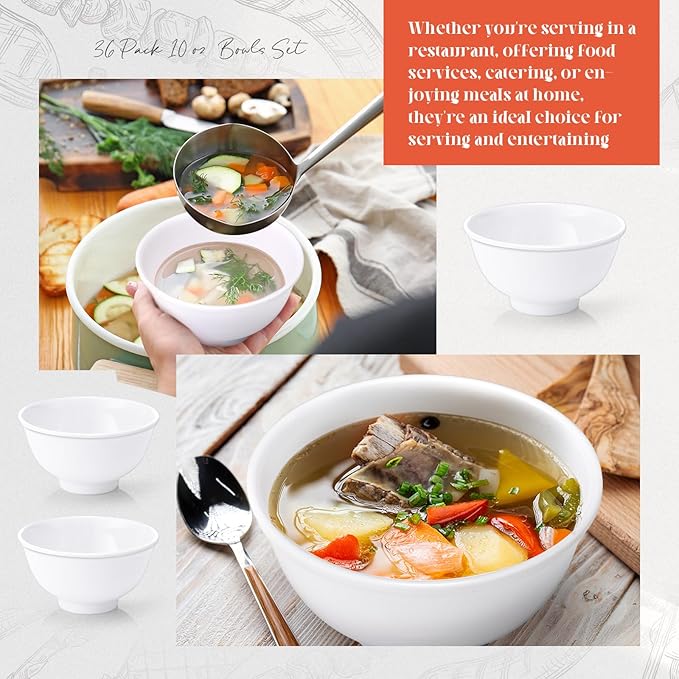 Tioncy 36 Pcs Bowls Set Unbreakable Dessert Soup Salad Bowls for Pasta Cereal Soup Dishwasher Safe (10 oz,White)