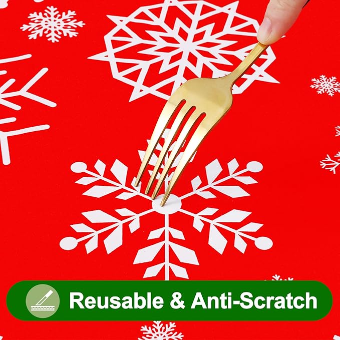 Smiry Plastic Christmas Tablecloth, Snowflake Waterproof Elastic Fitted Table Covers, Wipeable Flannel Backed Vinyl Tablecloths for Christmas Dinner, and New Year Celebration (Red, 30x48 Inches)