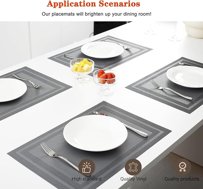 Placemats Set of 12,Washable,Heat and Stain Resistant Indoor/Outdoor Place mats,Vinyl Woven Non Slip Table Mats for Restaurant Table Protection,PVC Placemats(Gray,12PCS)
