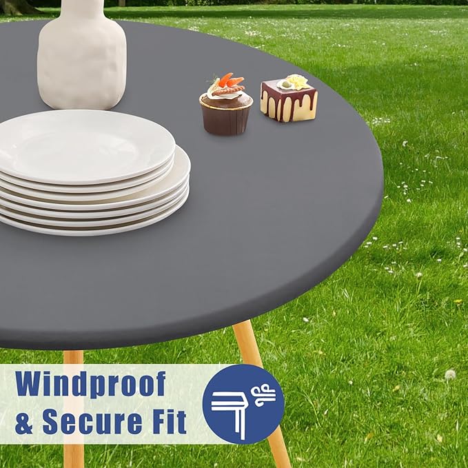 Round Spandex Tablecloth, Elastic Fitted Waterproof Tablecloths for 57"-68" Tables, Stretch Washable Picnic Table Cover for Camping, Dining, Indoor and Outdoor, Grey