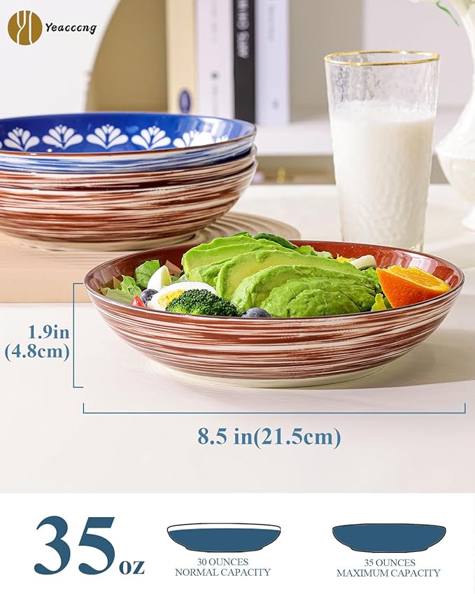 Yeacccng Pasta Bowls Set of 6, 35 Oz Ceramic Large Salad Bowl, 8.5 Inch Colorful Serving Bowls for Kitchen, Dishwasher & Microwave Safe, Scratch-Resistant, Lead-Free (Blue*6)