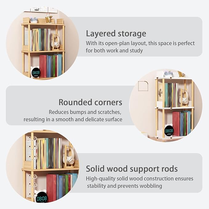 Desktop Organizer Shelf, Multi Tier Wood Tabletop Bookshelf, Space Saving Countertop Storage Rack for Office, Bedroom, Living Room(Warm White,19.6 * 7.8 * 14.5in)